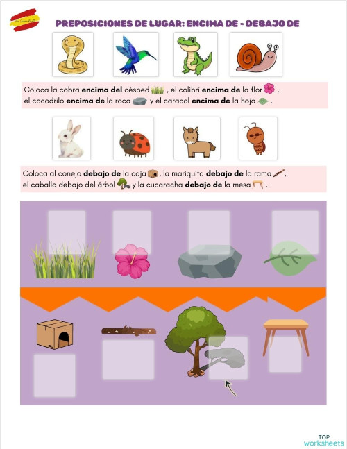 Preposiciones de lugar: encima de - debajo de. Ficha interactiva ...