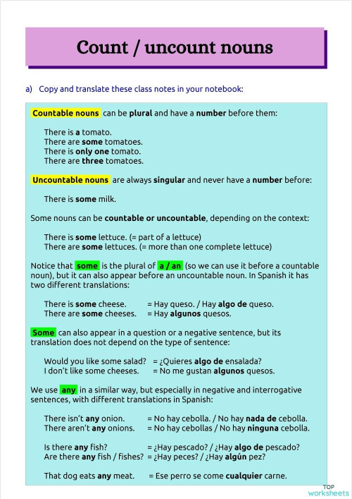 Count / uncount nouns: interactive worksheets and online exercises ...