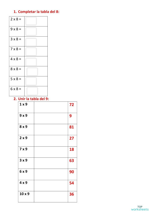 LECCIÓN DE LA TABLA DEL 8 Y EL 9. Ficha interactiva TopWorksheets
