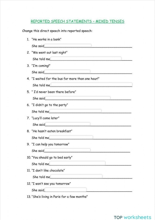 Reported speech statements. Interactive worksheet | TopWorksheets