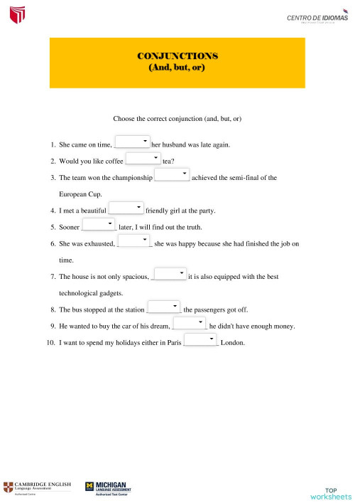 CONJUNCTIONS (AND, OR, BUT). Ficha interactiva | TopWorksheets