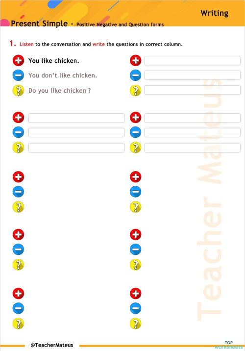 021 - PRESENT SIMPLE - Positive Negative Question forms - Writing ...