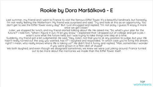 Rookie by Dora Maršálková - E. Interactive worksheet | TopWorksheets