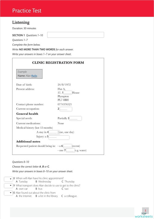 Placement test (threshold 5.0). Interactive worksheet | TopWorksheets