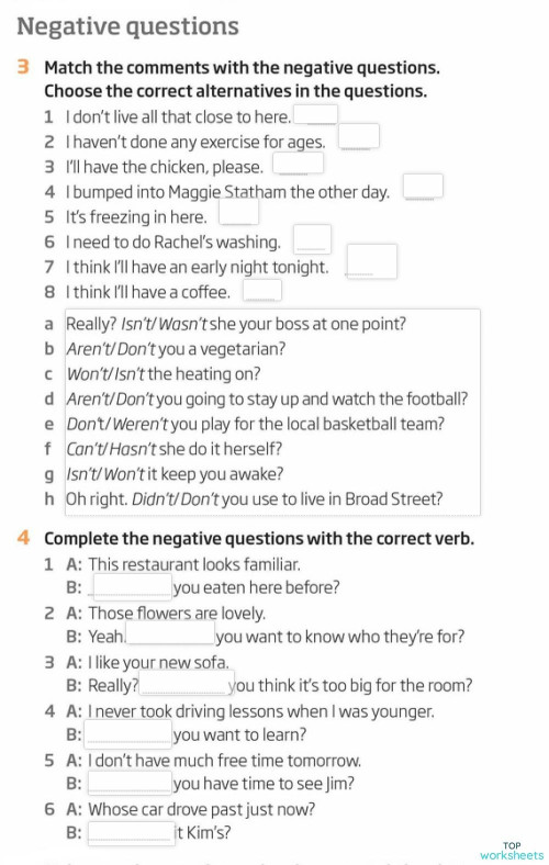 Negative questions. Interactive worksheet TopWorksheets