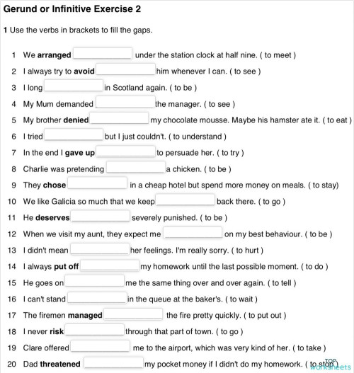 Gerund or Infinitive Exercise 2. Interactive worksheet | TopWorksheets