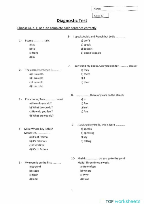 Diagnostic Test for 59. Interactive worksheet TopWorksheets