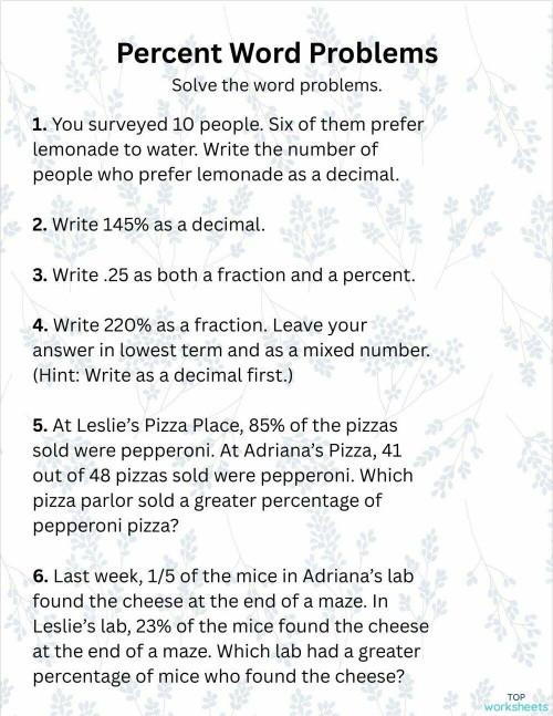 Percent Word Problems. Interactive worksheet | TopWorksheets