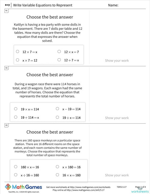 Write variable equation to represent. Interactive worksheet | TopWorksheets