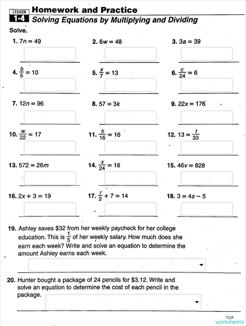 Lesson 1.4 Solving Equation by Multiplying and Dividing (8th ...