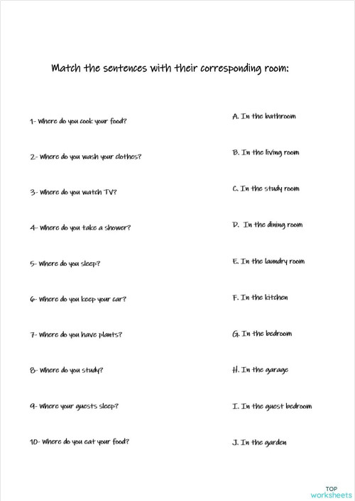 Match sentences with their room. Interactive worksheet | TopWorksheets