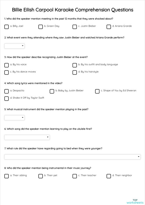Billie Eilish Carpool Karaoke Comprehension Questions. Interactive