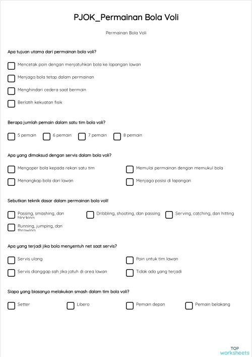 PJOK_Permainan Bola Voli. Interactive worksheet | TopWorksheets