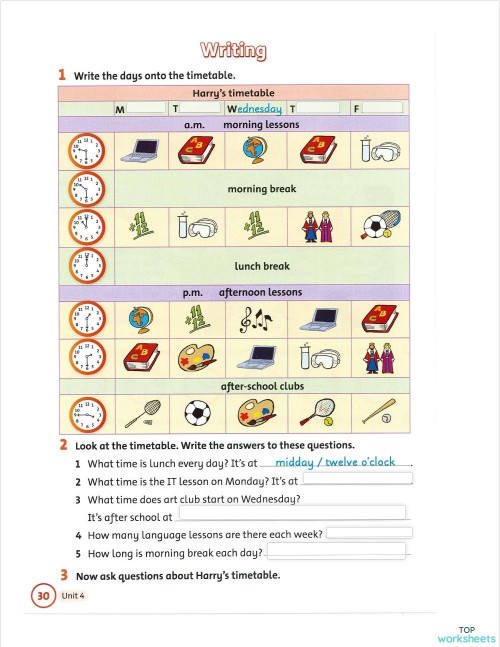 HARRY'S TIMETABLE. Interactive worksheet | TopWorksheets