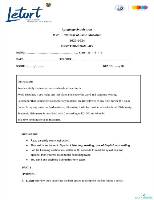 TEM EXAM 9A 2. Interactive worksheet | TopWorksheets
