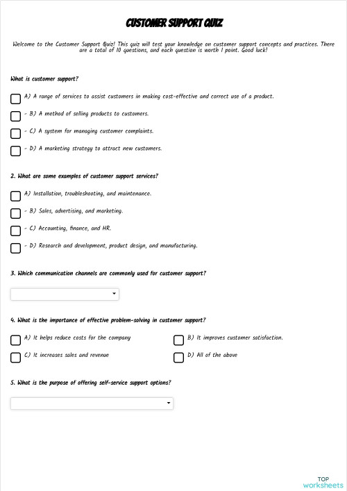 Customer Support Quiz. Interactive worksheet TopWorksheets