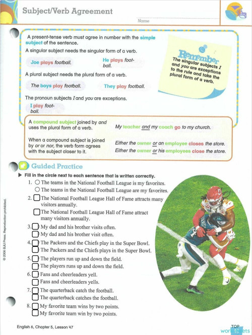 Lesson 47: Subject/Verb Agreement Pg 91. Interactive worksheet ...