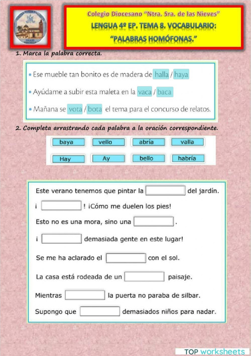 Palabras homófonas. Ficha interactiva | TopWorksheets