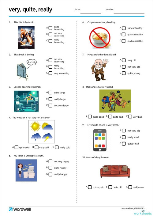 Modifiers- quite, really, very. Interactive worksheet | TopWorksheets