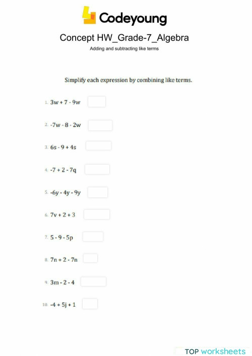 Adding and subtracting like terms Concept HW. Interactive worksheet ...