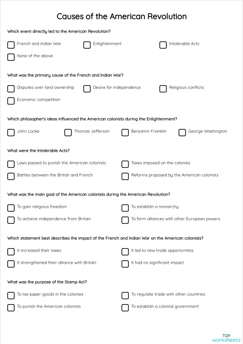 Causes of the American Revolution. Interactive worksheet