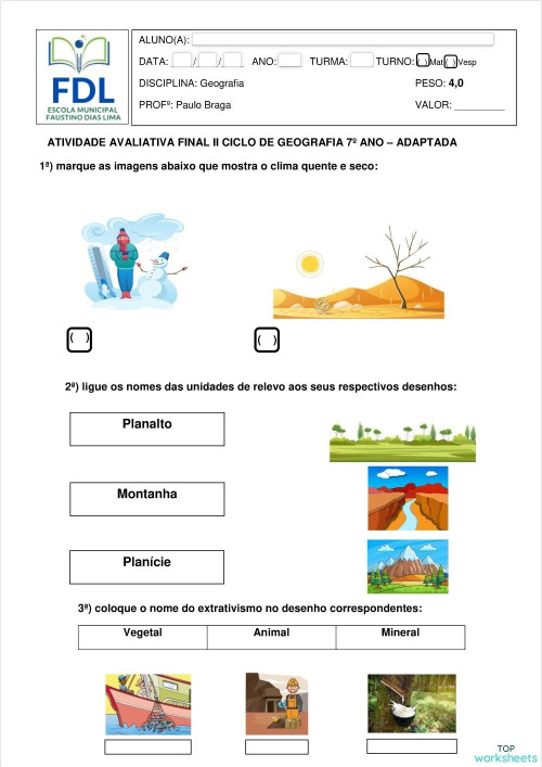 Prova de geografia 7º Ano - Adaptada II Ciclo. Ficha interativa ...