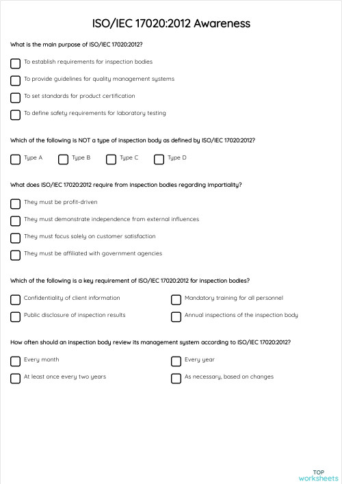 ISO/IEC 17020:2012 Awareness. Interactive worksheet | TopWorksheets