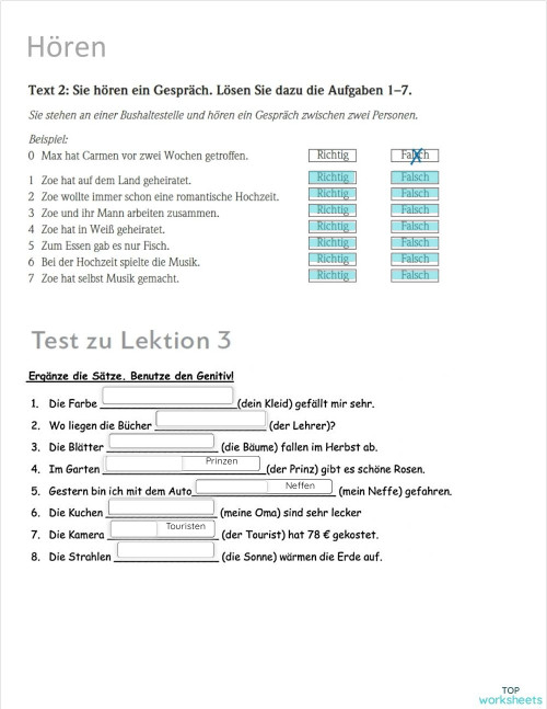 Test zu Lektionen 3 und 4_B1 (Copied). Interaktives Arbeitsblatt TopWorksheets