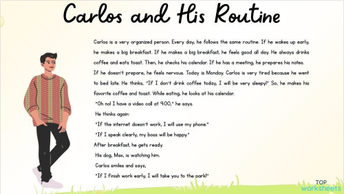 Carlos and his routine. Interactive worksheet | TopWorksheets