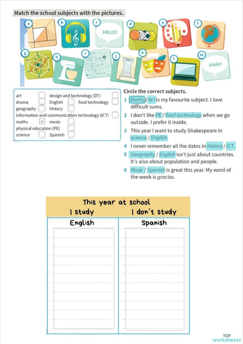 School subjects. Interactive worksheet | TopWorksheets