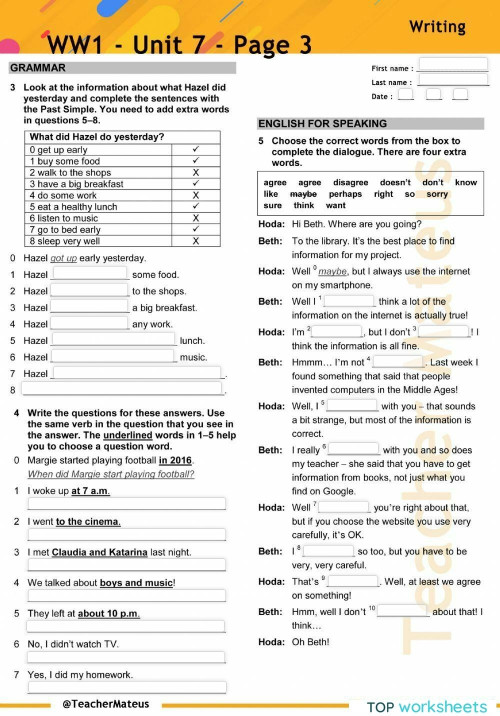 WW1 - Unit 7 - Page 3. Interactive worksheet | TopWorksheets