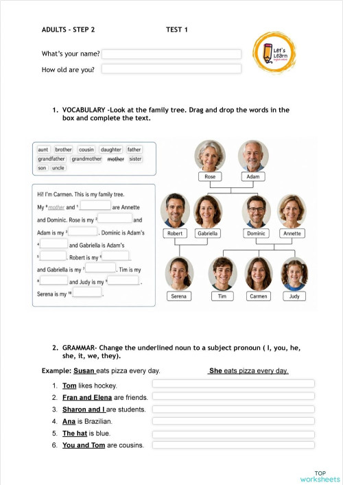 Step 2 - Test 1. Interactive worksheet | TopWorksheets