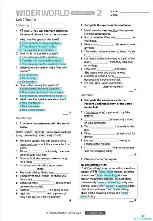 Wider world 2 Test unit 2A(50). Interactive worksheet | TopWorksheets