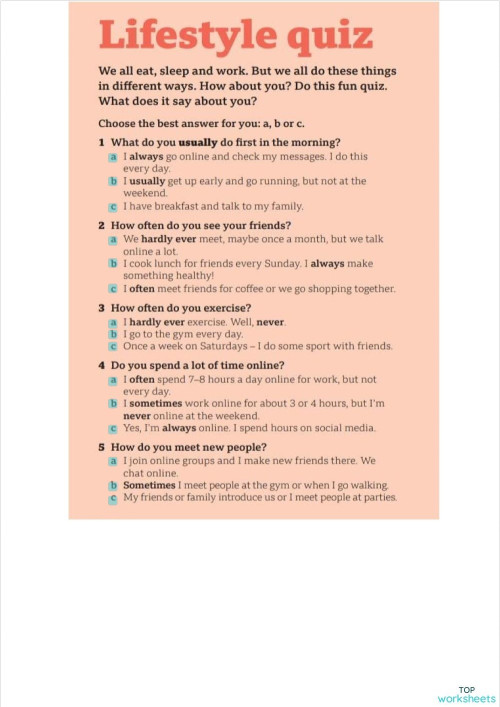 Lifestyle quiz. Ficha interactiva | TopWorksheets