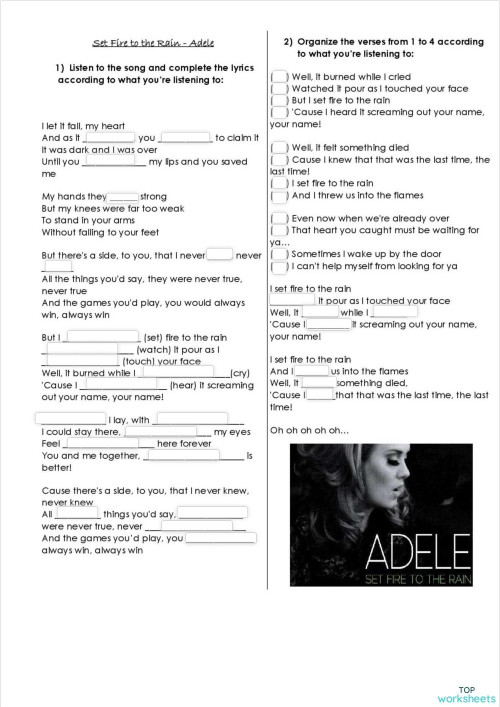 Set fire to the Rain - Adele Song. Interactive worksheet | TopWorksheets