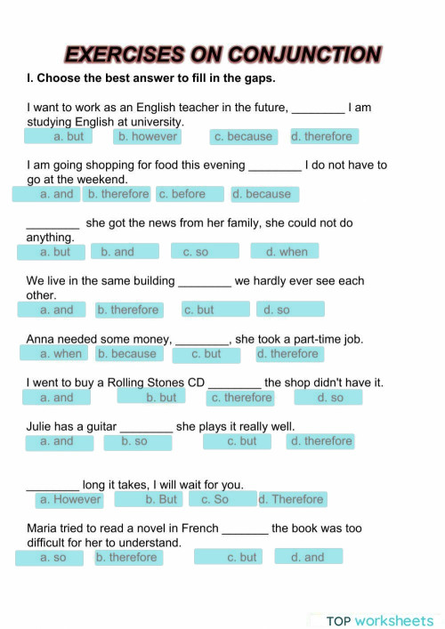 Conjunctions. Interactive worksheet | TopWorksheets