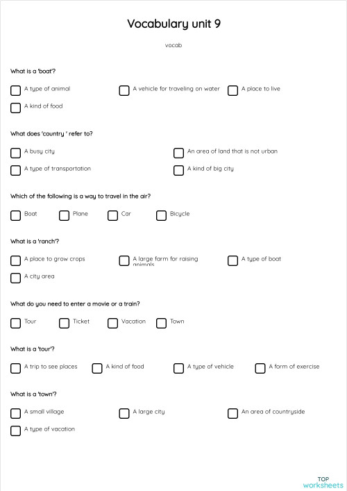 Vocabulary unit 9. Interactive worksheet | TopWorksheets