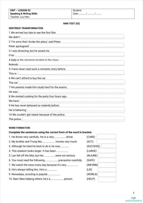 5INT - MINI TEST 02. Interactive worksheet | TopWorksheets