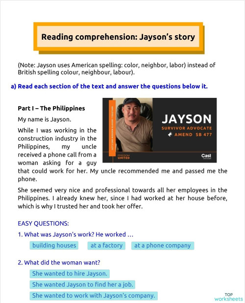 Jayson's Story. Interactive worksheet | TopWorksheets