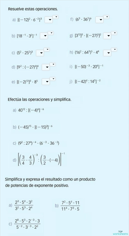 Actividades Potencias 1eso Matemáticas Ficha Interactiva Topworksheets