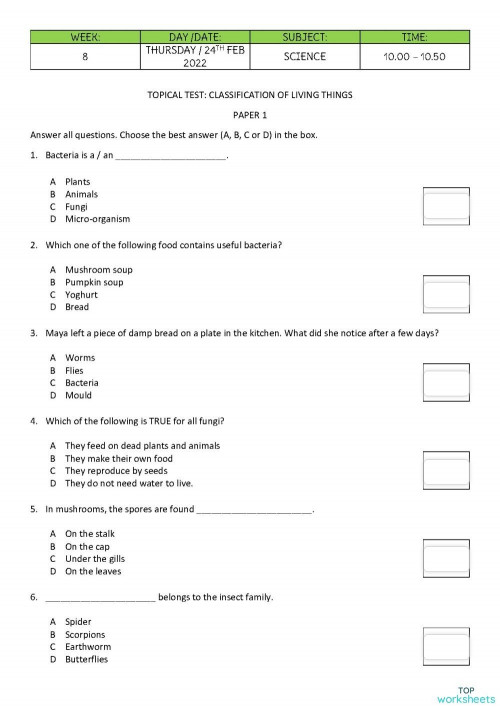 TOPICAL TEST P1 CLASSIFICATION OF LIVING THINGS. Interactive worksheet | TopWorksheets
