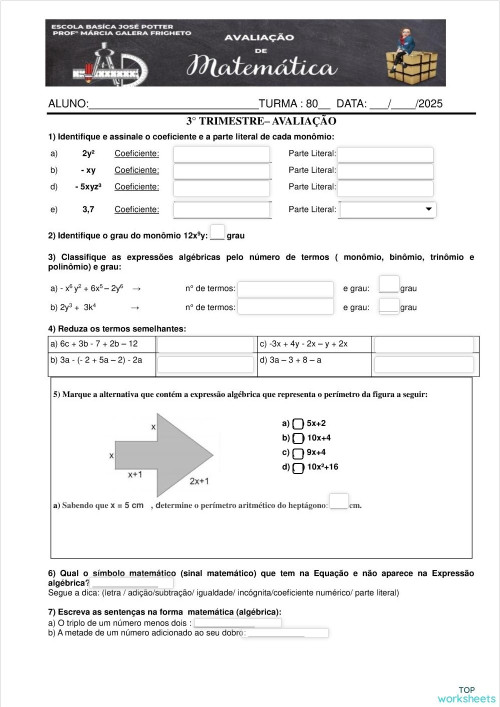 8° ANO - AVALIAÇÃO MONÔMIOS E POLINÔMIOS. Ficha interativa | TopWorksheets