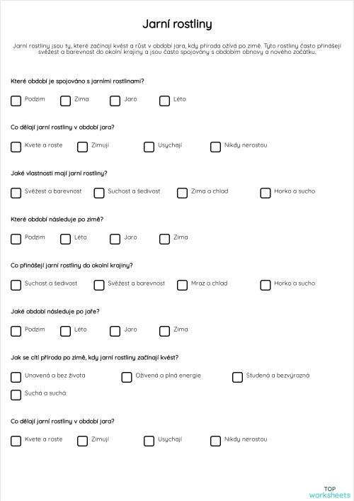 Jarní rostliny. Interaktivní pracovní list | TopWorksheets