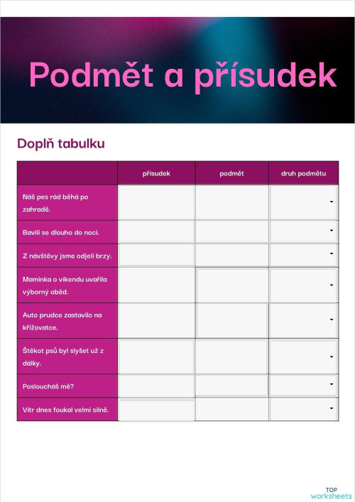 Podmět a přísudek. Interaktivní pracovní list | TopWorksheets