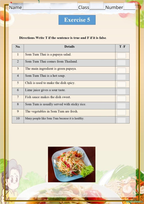 Som Tum Thai (Thai Papaya Salad) Exercise 5. Interactive worksheet ...
