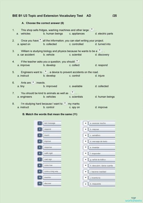 BIE B1 U3 Topic and Extension Vocabulary AD/Gral. Interactive worksheet