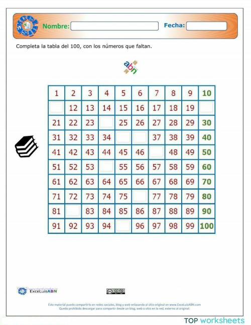 La tabla del 100 ABN completar 06. Ficha interactiva TopWorksheets