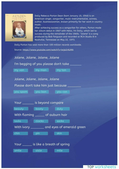 Song Quiz Dolly Parton Jolene 1793. Interactive worksheet