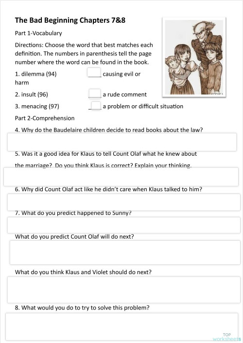 The Bad Beginning Chapters 7 and 8 Comprehension. Interactive worksheet ...