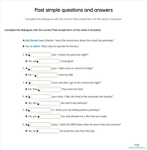 Past simple questions and answers. Interactive worksheet | TopWorksheets
